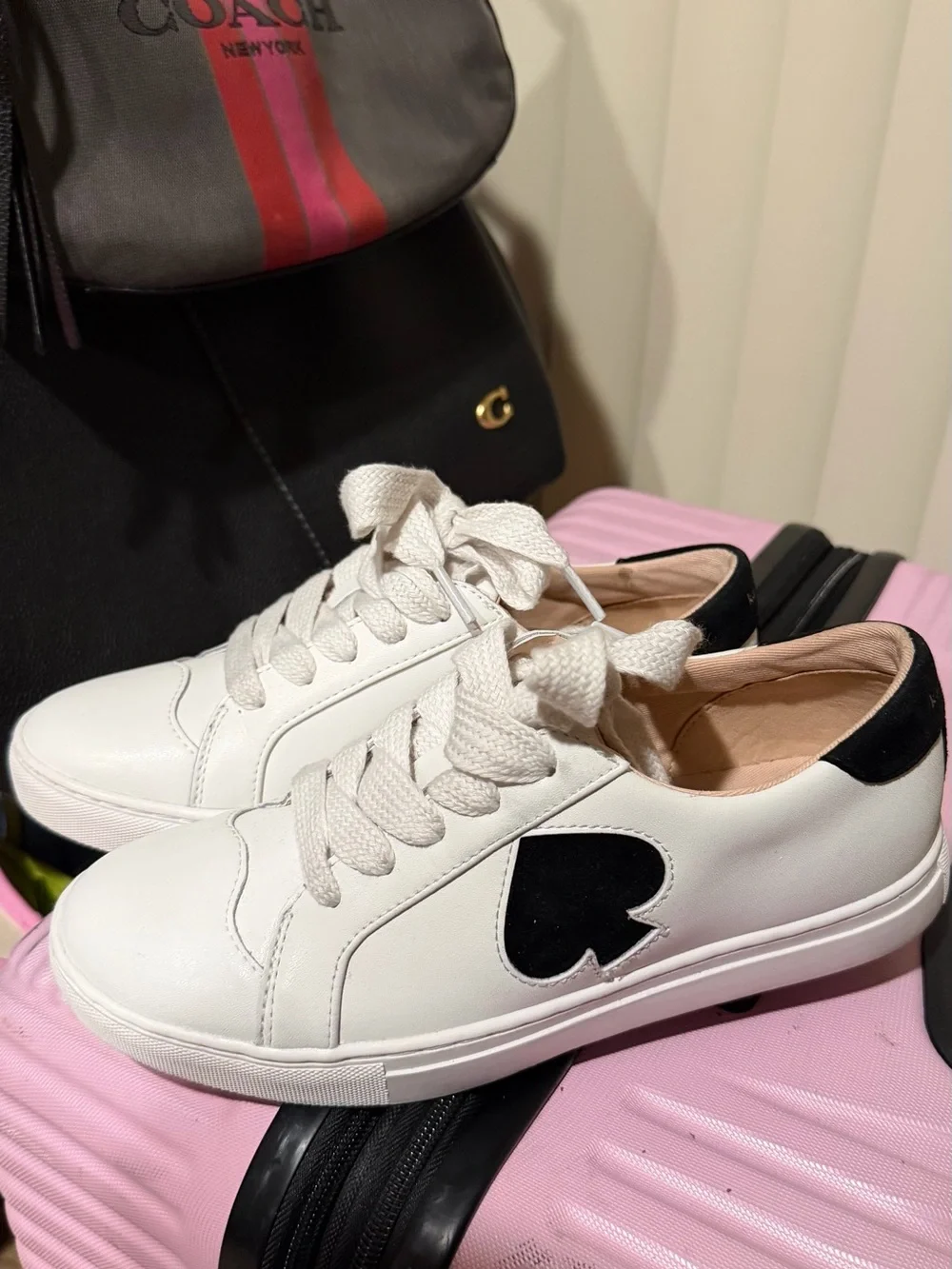 kate spade White Leather Sneakers with Black Heart Accent
